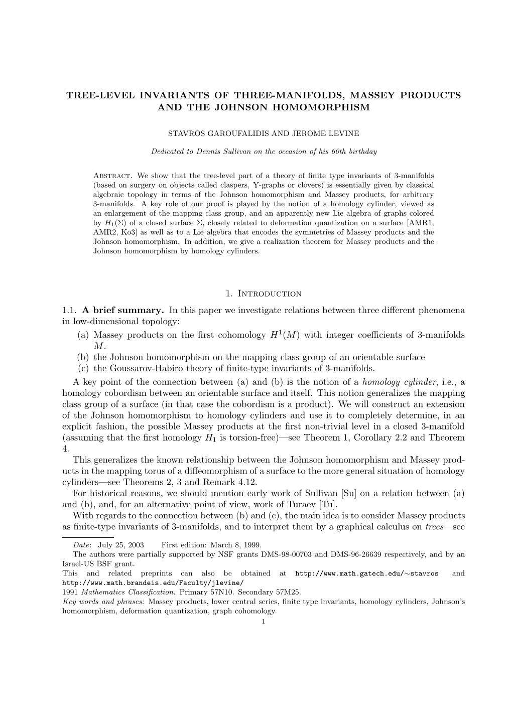 Tree-Level Invariants of Three-Manifolds, Massey Products and the Johnson Homomorphism