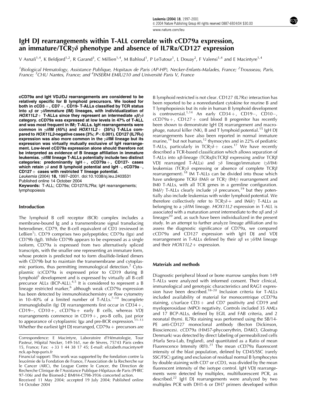 Igh DJ Rearrangements Within T-ALL Correlate with Ccd79a Expression, an Immature/Tcrcd Phenotype and Absence of Il7ra/CD127 Expression