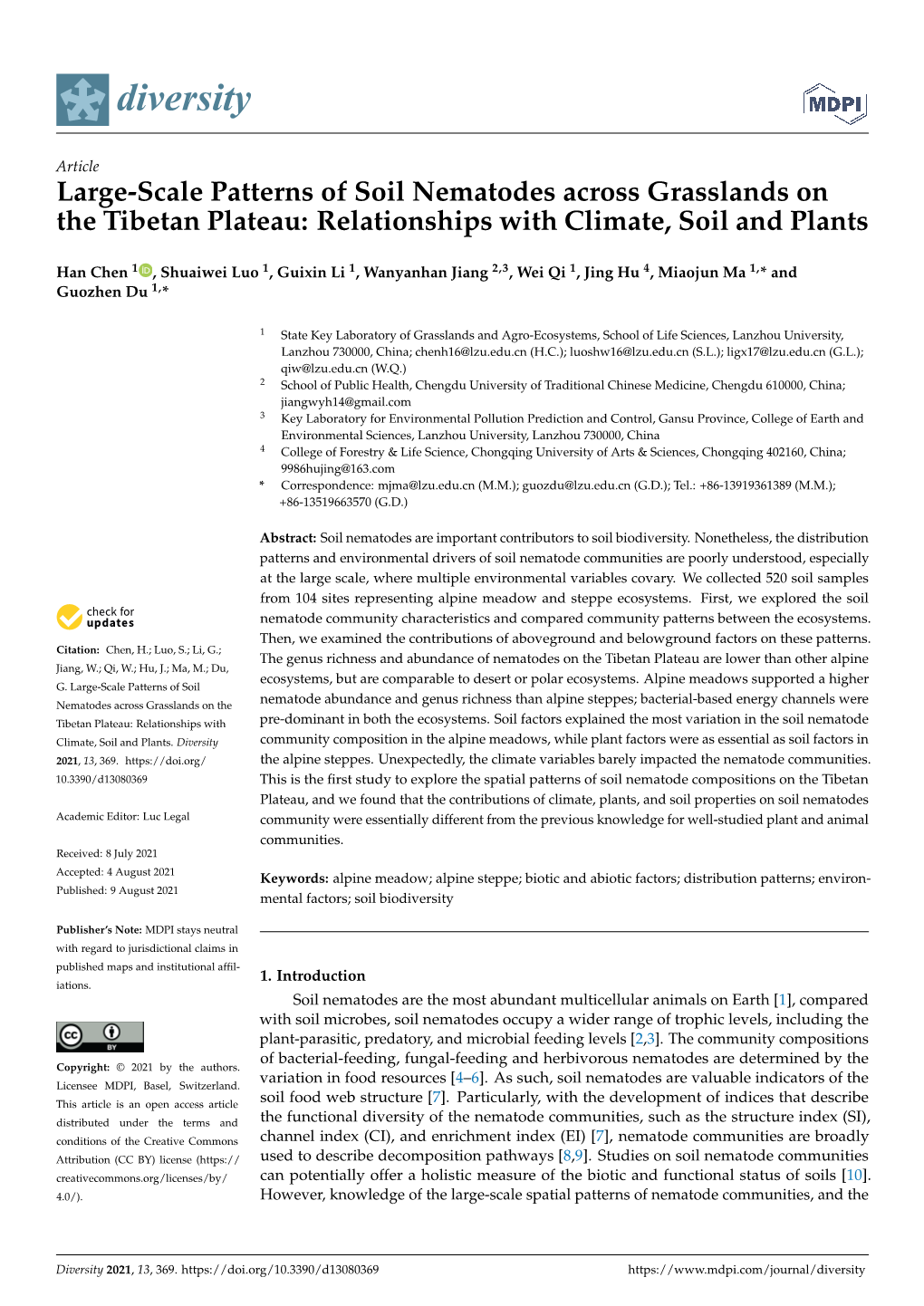 Large-Scale Patterns of Soil Nematodes Across Grasslands on the Tibetan Plateau: Relationships with Climate, Soil and Plants