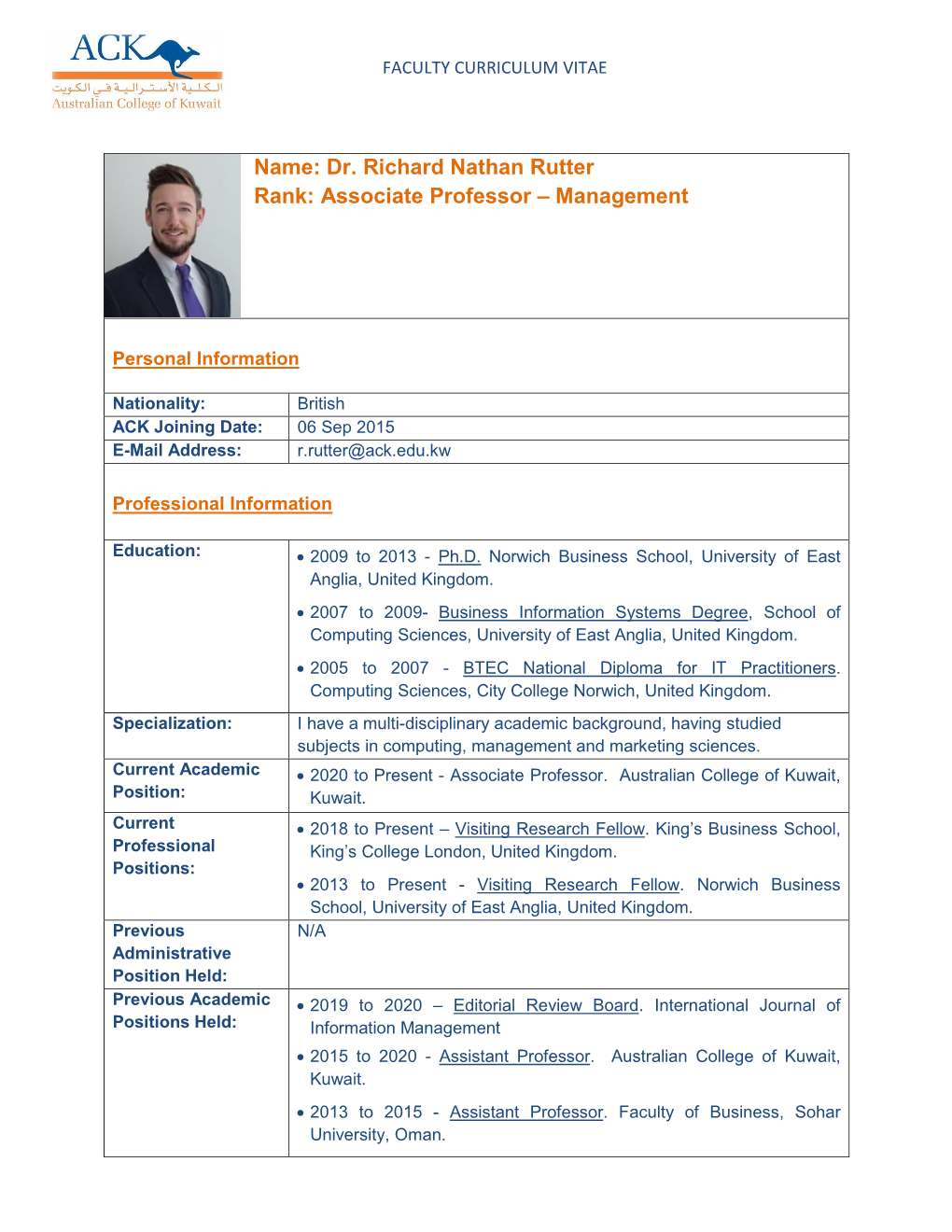 Name: Dr. Richard Nathan Rutter Rank: Associate Professor – Management