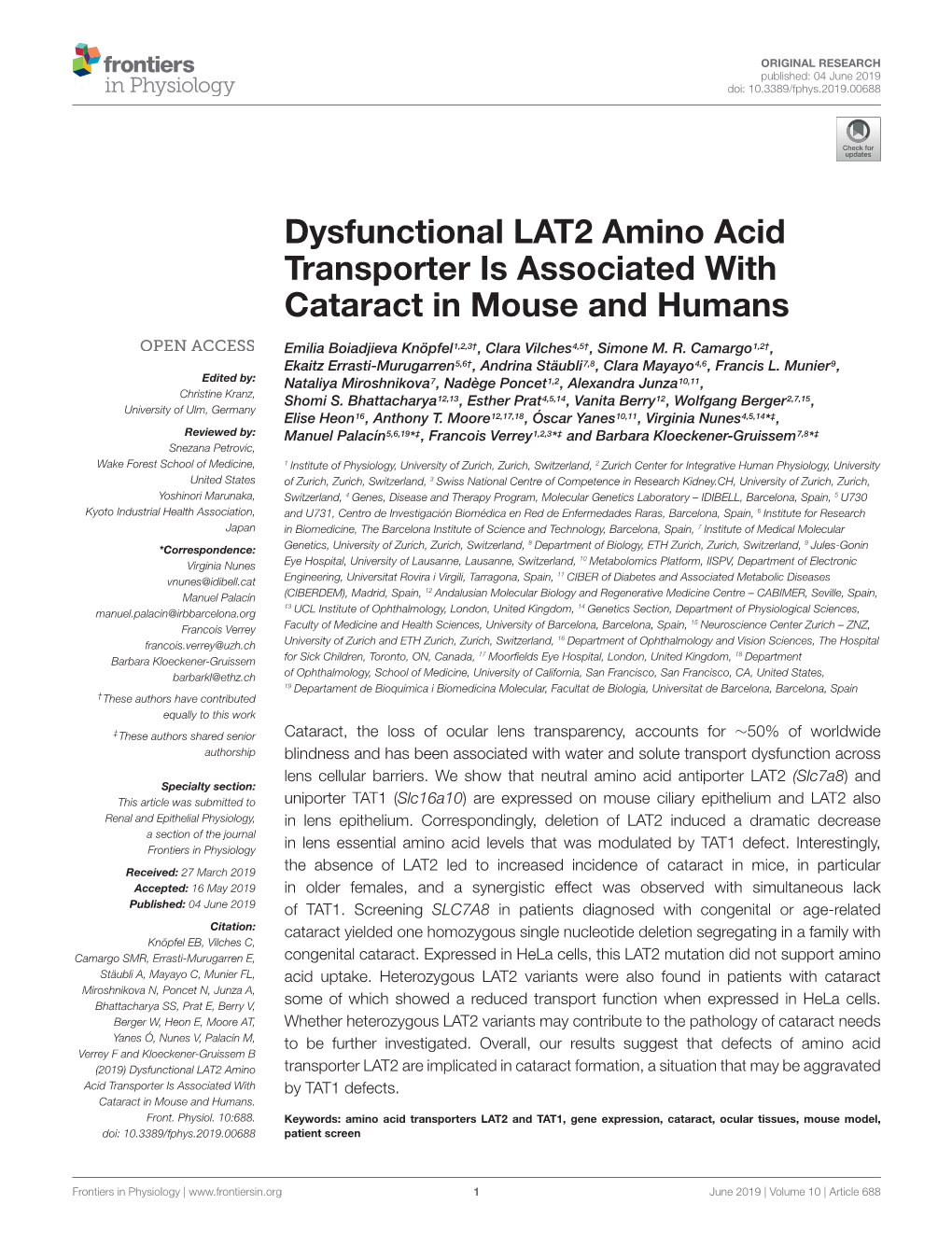 Dysfunctional LAT2 Amino Acid Transporter Is Associated with Cataract in Mouse and Humans