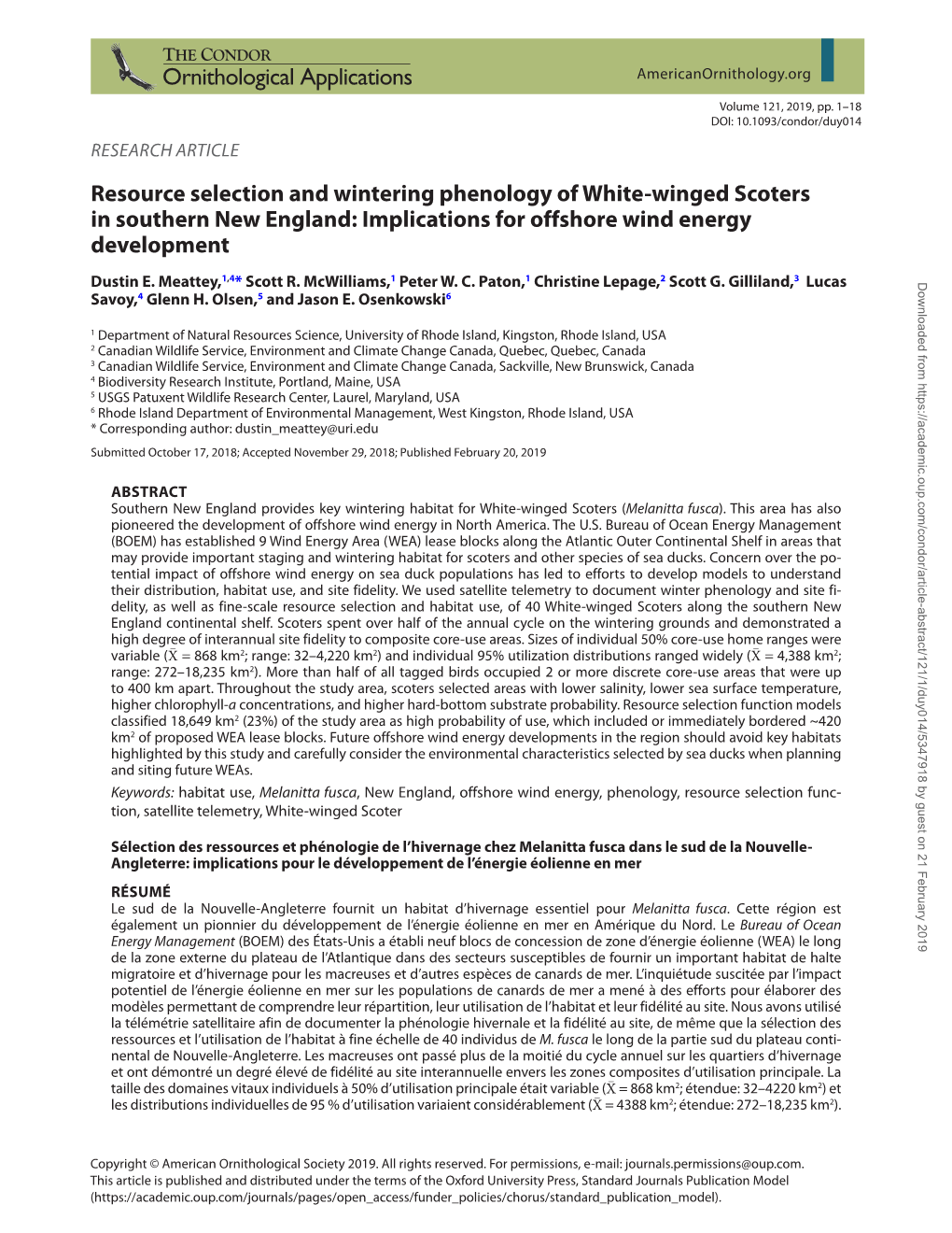 Resource Selection and Wintering Phenology of White-Winged Scoters in Southern New England: Implications for Offshore Wind Energy Development