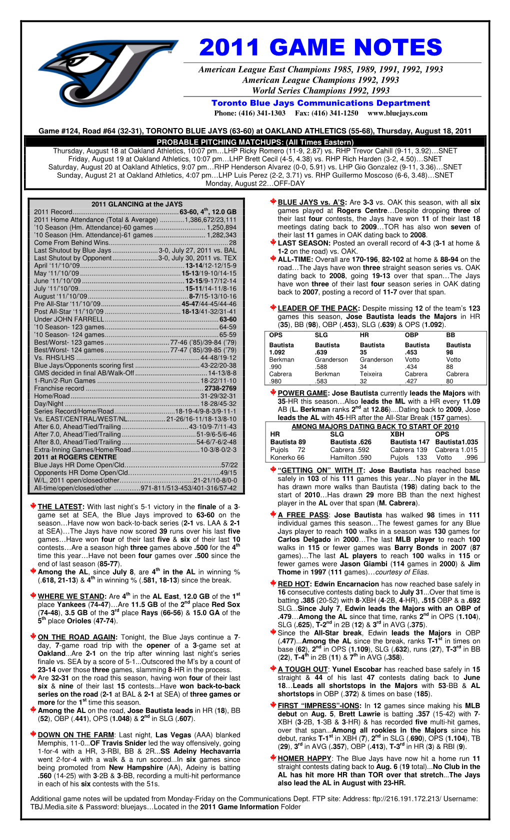 08-18-2011 Blue Jays Game Notes