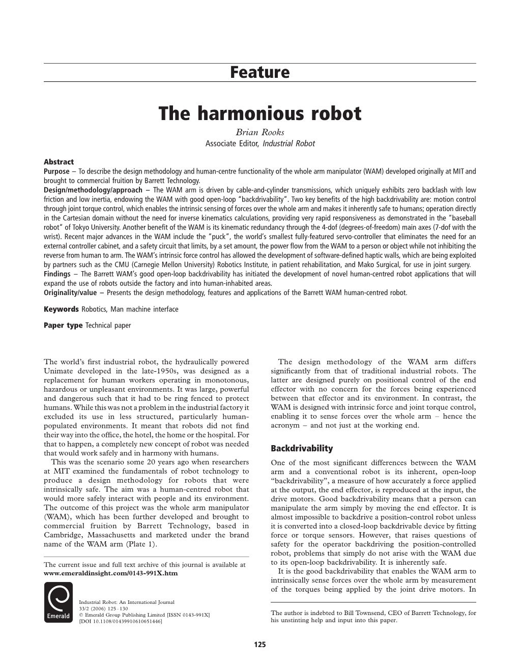 The Harmonious Robot Brian Rooks Associate Editor, Industrial Robot