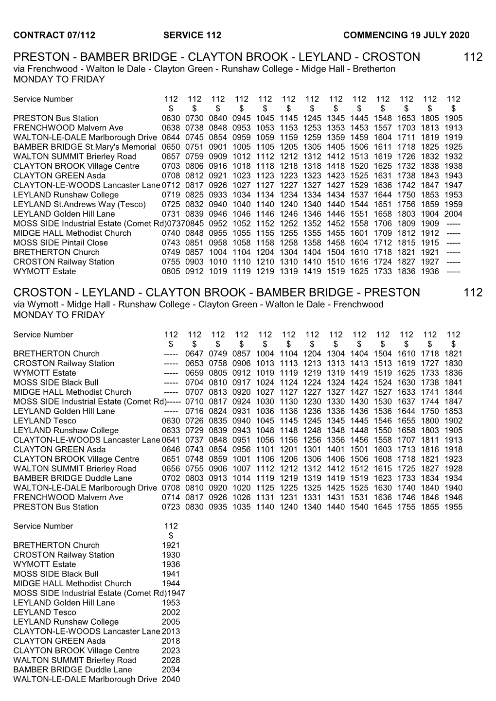 Timetable for Bus Service 112 from 19Th July 2020