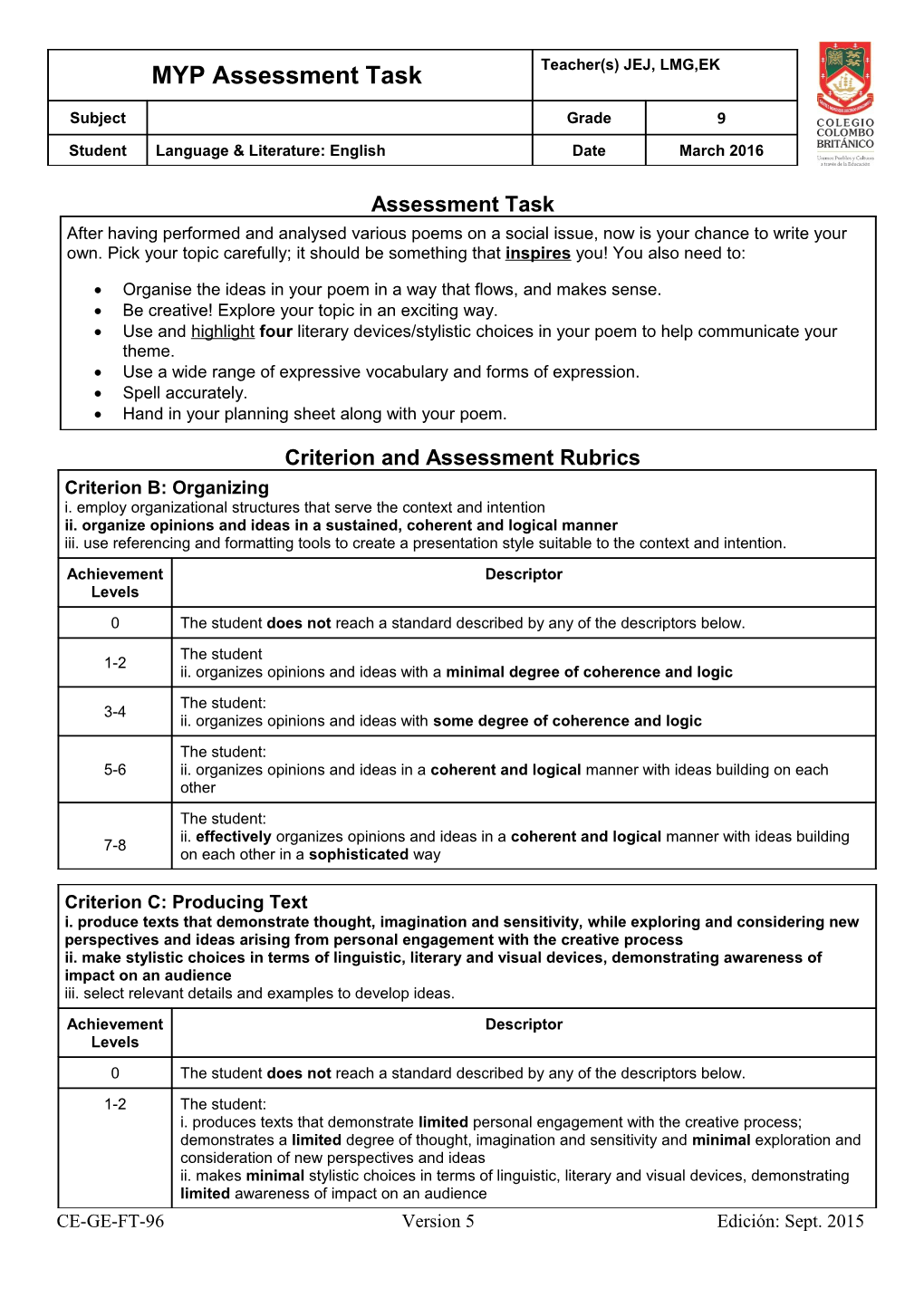 Criterion and Assessment Rubrics