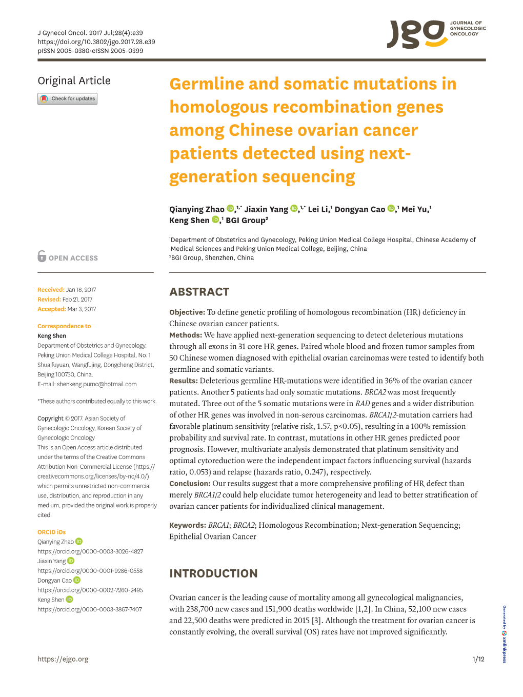 Germline and Somatic Mutations in Homologous Recombination Genes Among Chinese Ovarian Cancer Patients Detected Using Next- Generation Sequencing