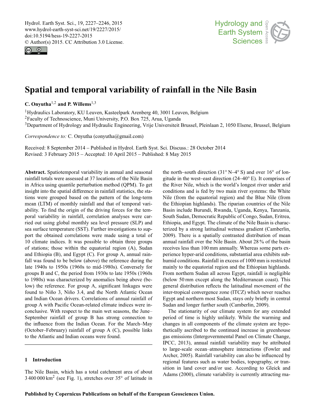 Spatial and Temporal Variability of Rainfall in the Nile Basin