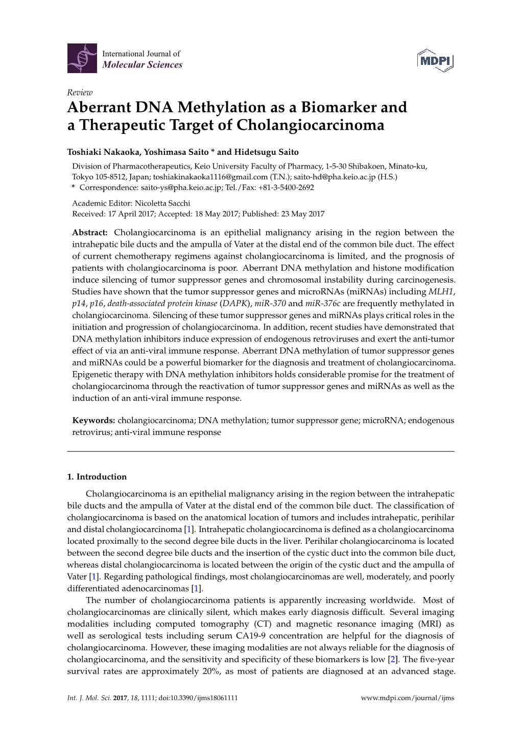 Aberrant DNA Methylation As a Biomarker and a Therapeutic Target of Cholangiocarcinoma