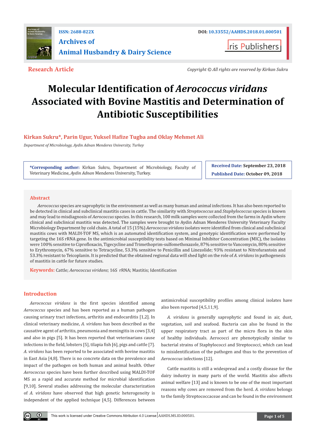 Molecular Identification of Aerococcus Viridans Associated with Bovine Mastitis and Determination of Antibiotic Susceptibilities