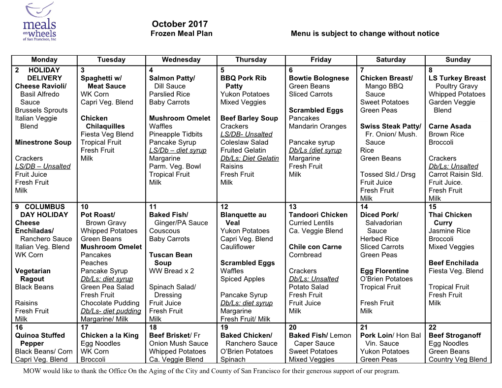 Frozen Meal Plan Menu Is Subject to Change Without Notice s1