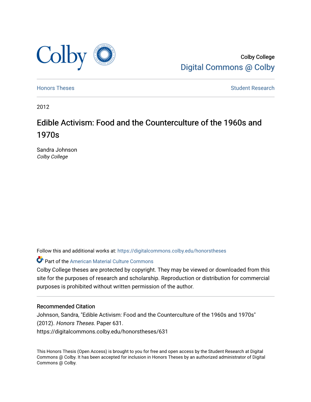 Edible Activism: Food and the Counterculture of the 1960S and 1970S