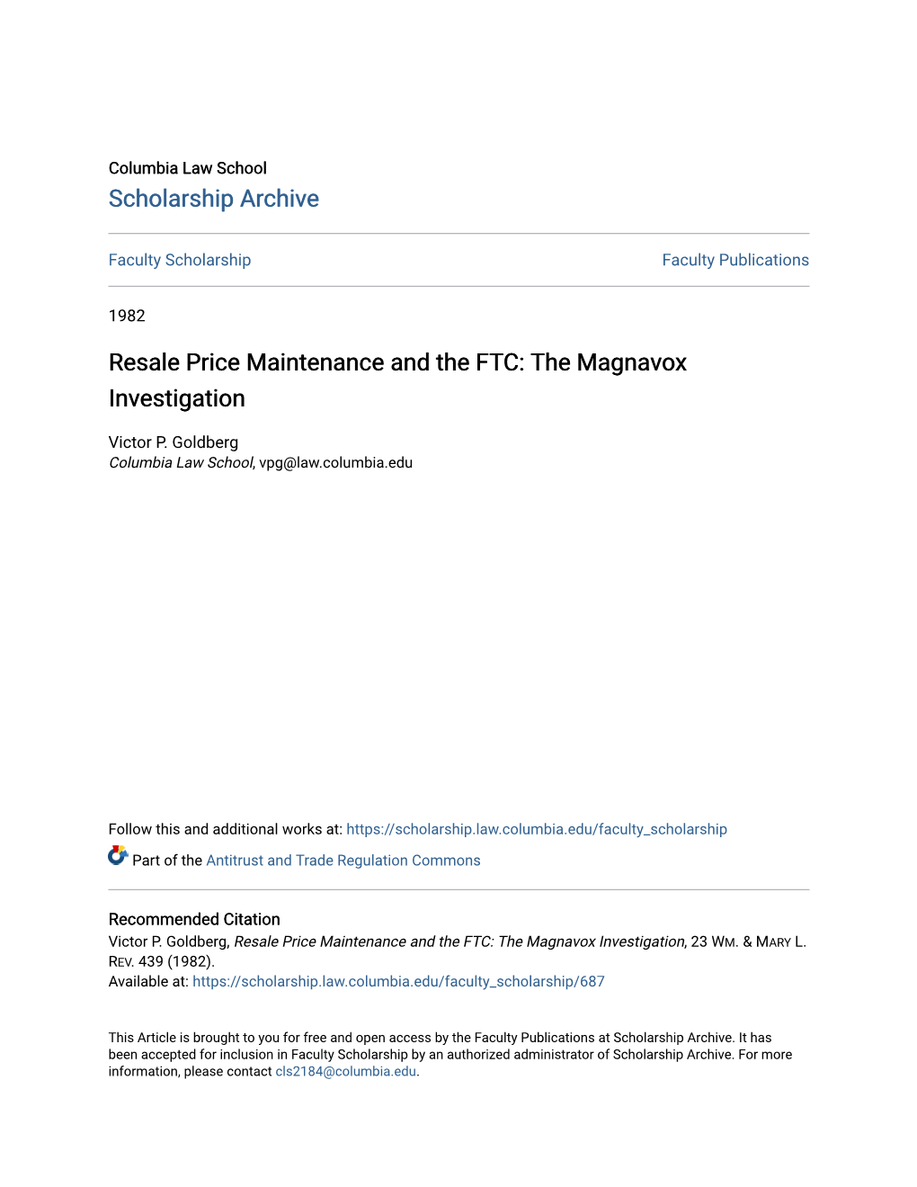 Resale Price Maintenance and the FTC: the Magnavox Investigation