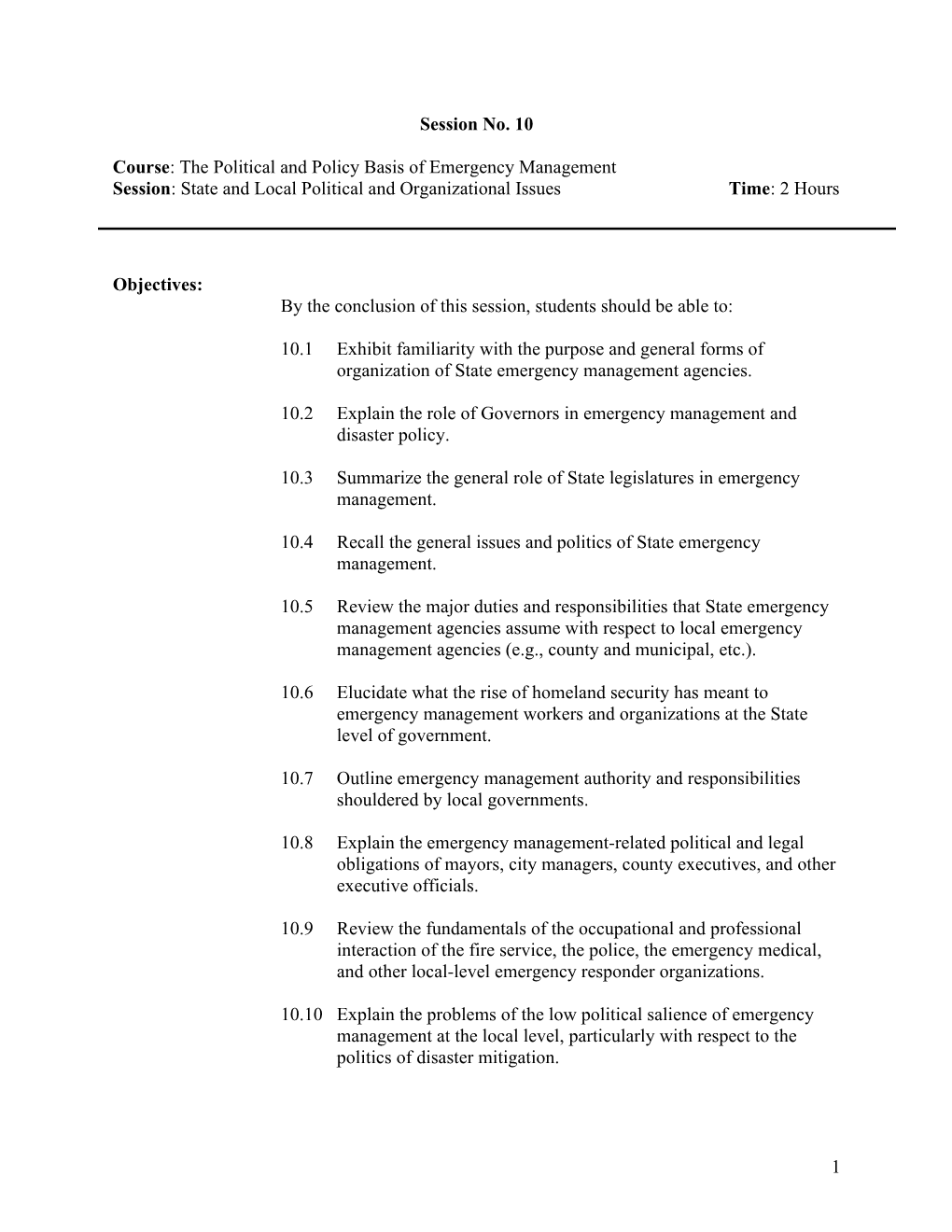 Course: the Political and Policy Basis of Emergency Management