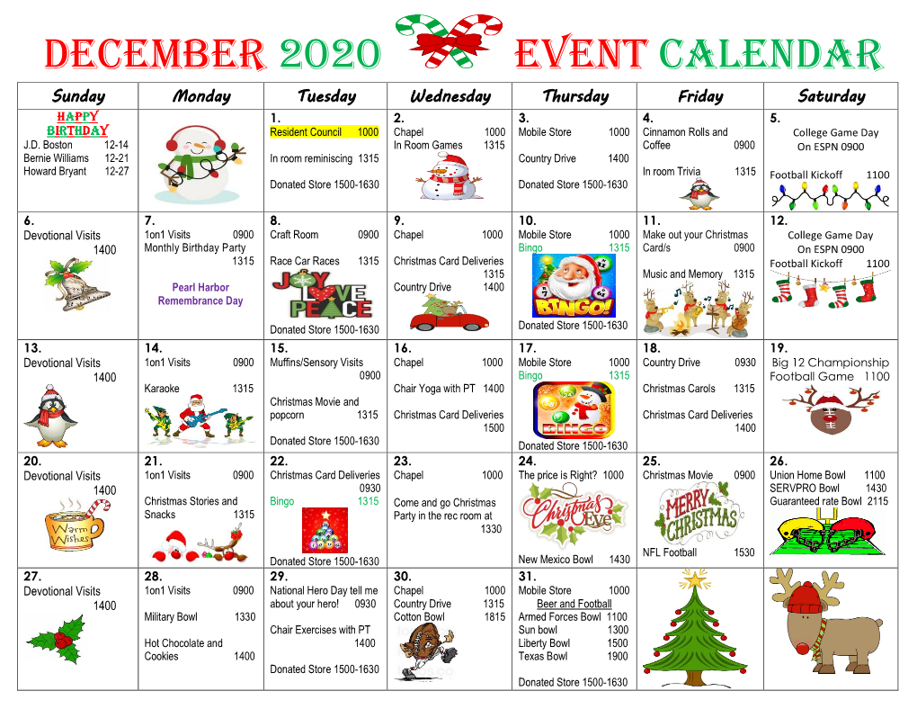 December 2020 Event Calendar Sunday Monday Tuesday Wednesday Thursday Friday Saturday 1