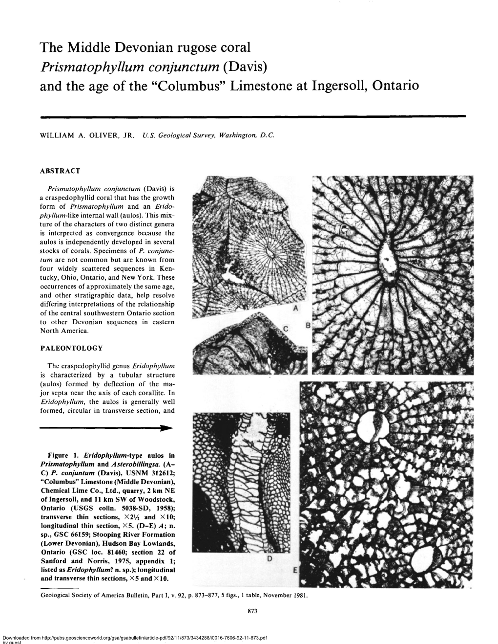 The Middle Devonian Rugose Coral Prismatophyllum Conjunctum (Davis) and the Age of the 