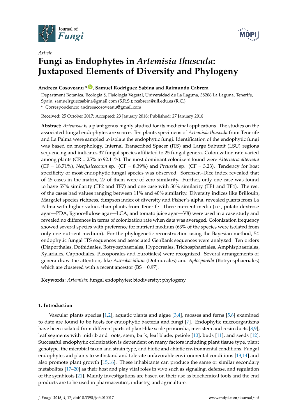 Fungi As Endophytes in Artemisia Thuscula: Juxtaposed Elements of Diversity and Phylogeny