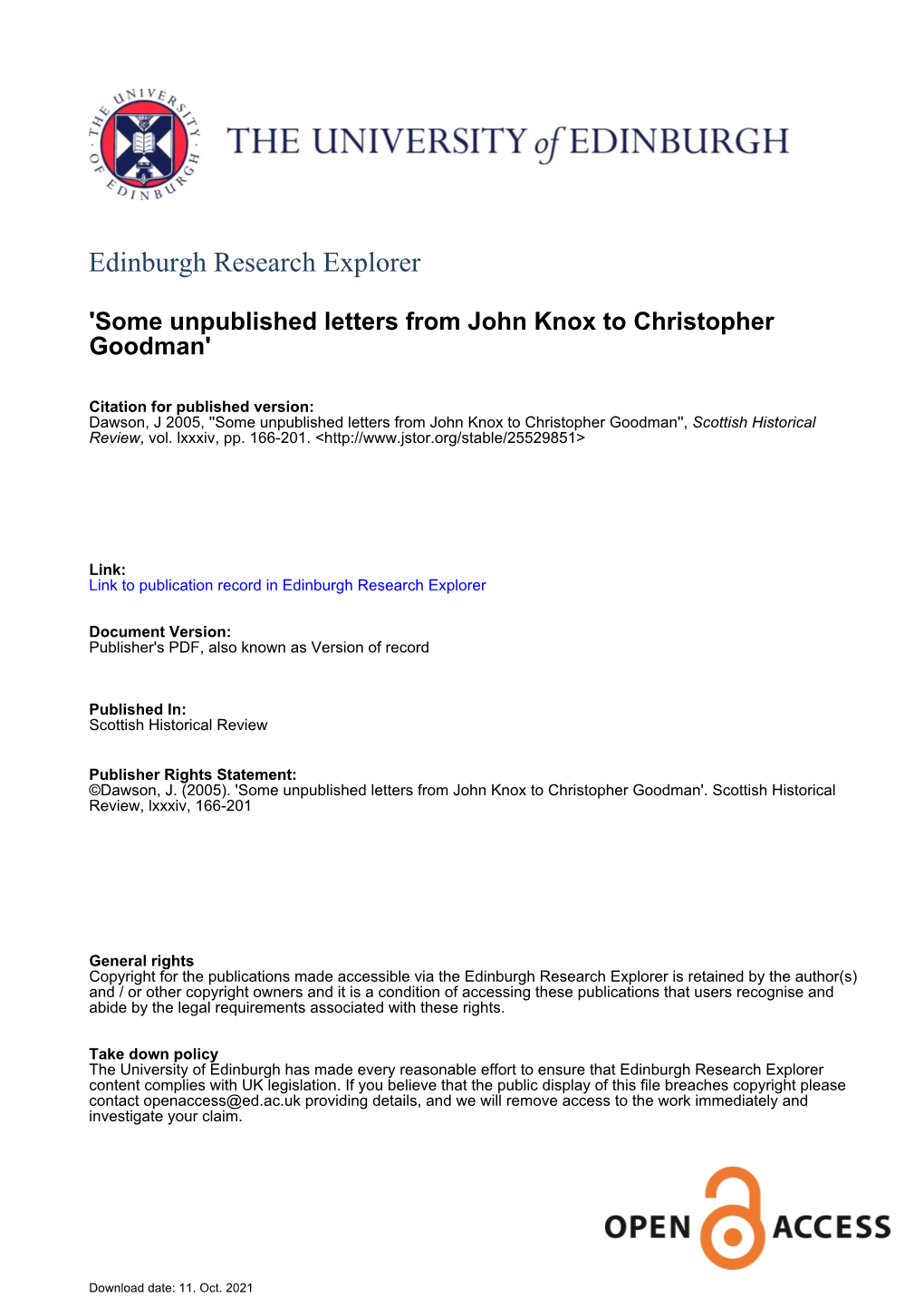 Some Unpublished Letters from John Knox to Christopher Goodman'', Scottish Historical Review, Vol