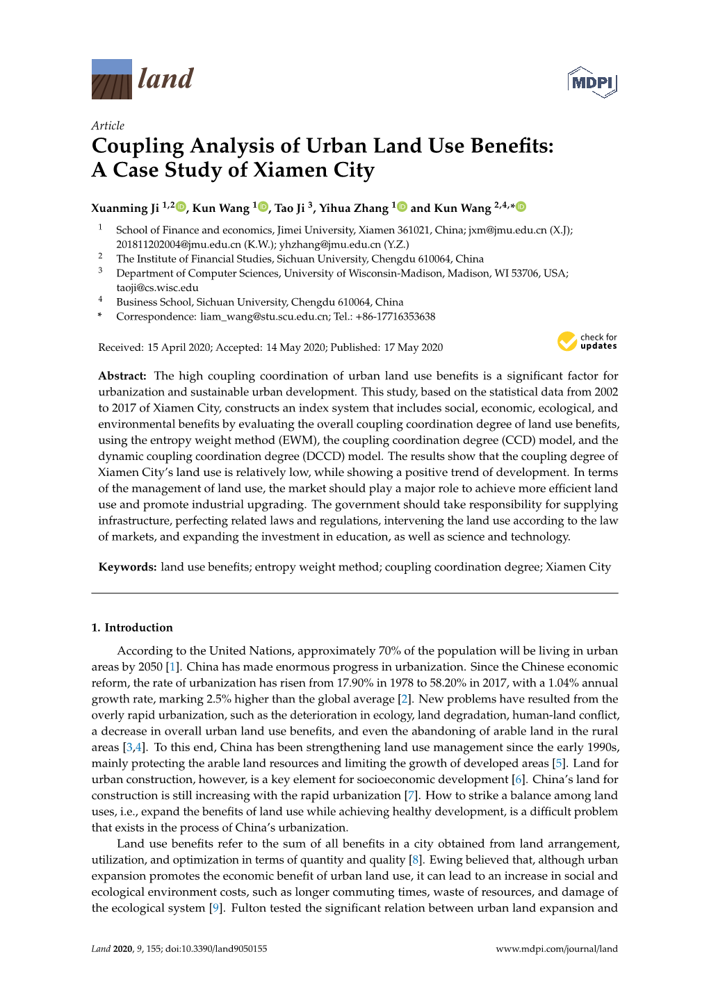 Coupling Analysis of Urban Land Use Benefits: a Case Study of Xiamen City