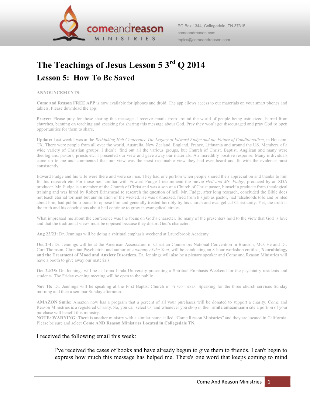 The Teachings of Jesus Lesson 5 3Rd Q 2014 Lesson 5: How to Be Saved