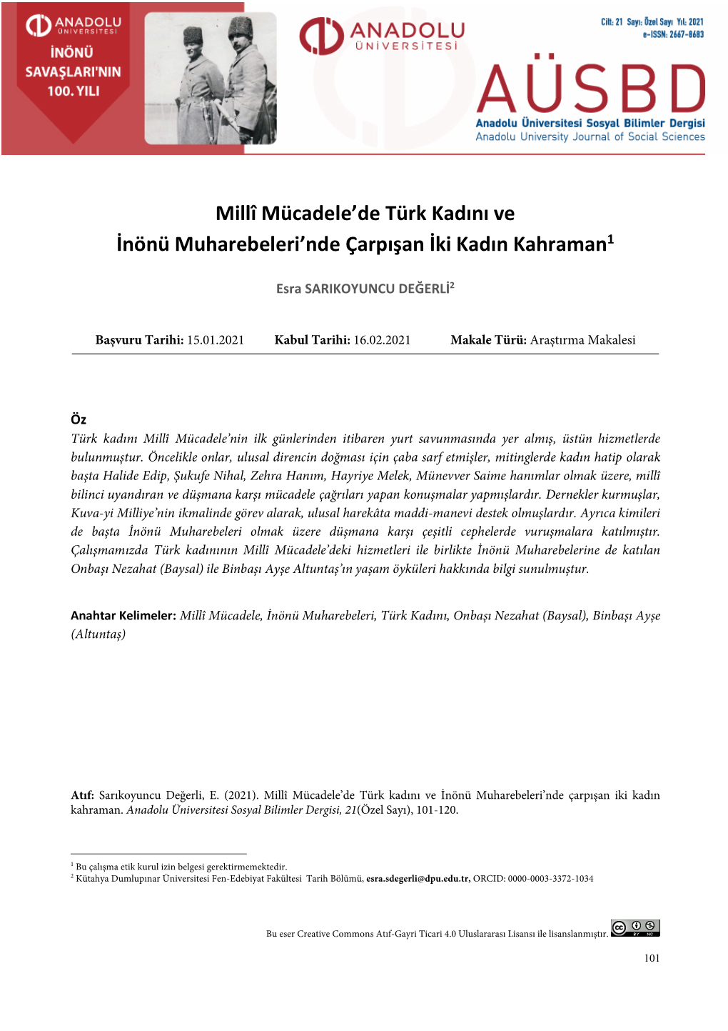 Millî Mücadele'de Türk Kadını Ve İnönü Muharebeleri'nde Çarpışan