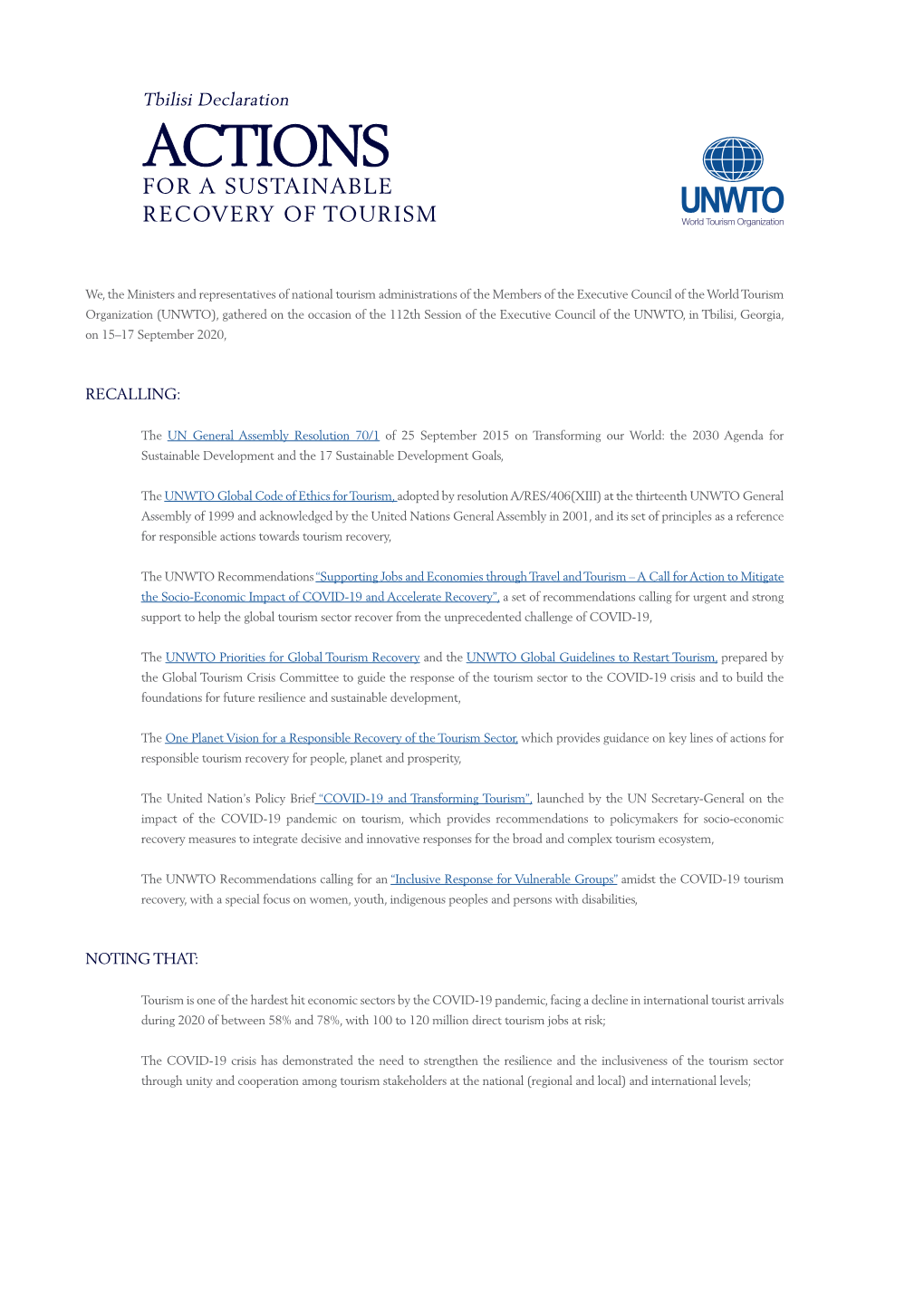 Tbilisi Declaration: Actions for Sustainable Recovery