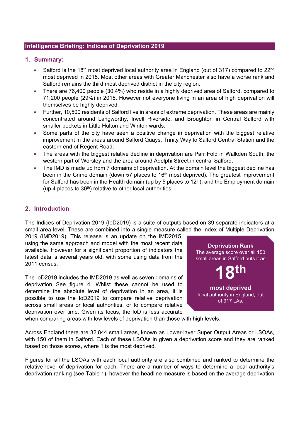 The 18Th Most Deprived Local Authority Area in England (Out of 317) Compared to 22Nd Most Deprived in 2015