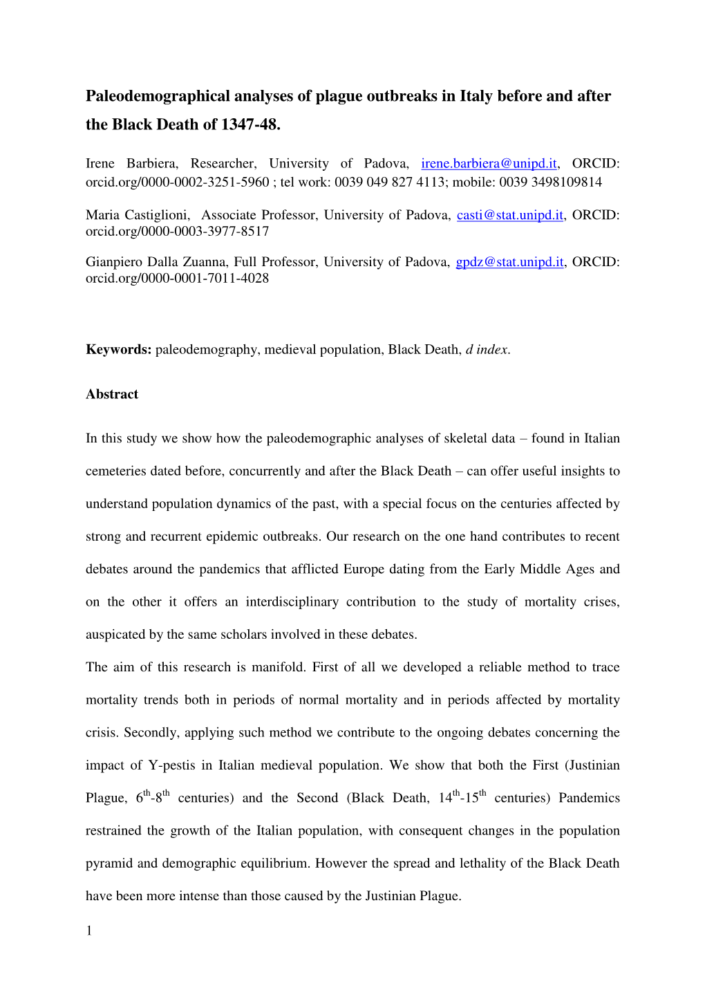 Paleodemographical Analyses of Plague Outbreaks in Italy Before and After the Black Death of 1347-48