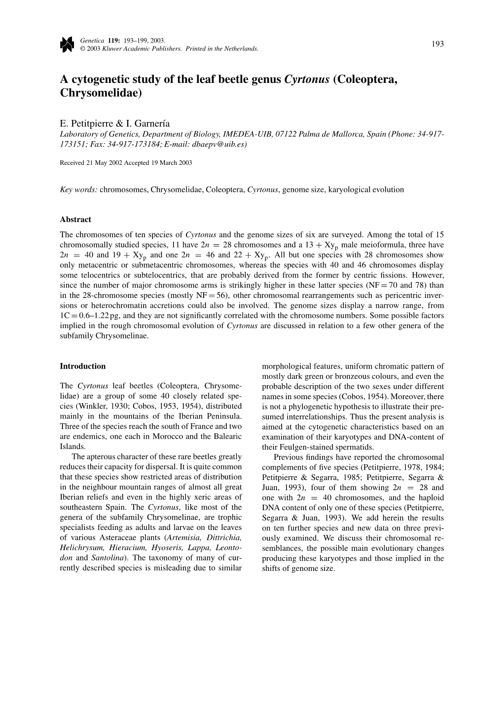 A Cytogenetic Study of the Leaf Beetle Genus <Emphasis Type=