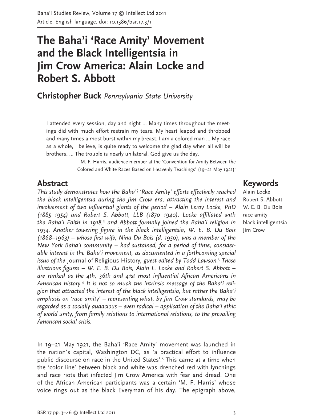 Race Amity’ Movement and the Black Intelligentsia in Jim Crow America: Alain Locke and Robert S