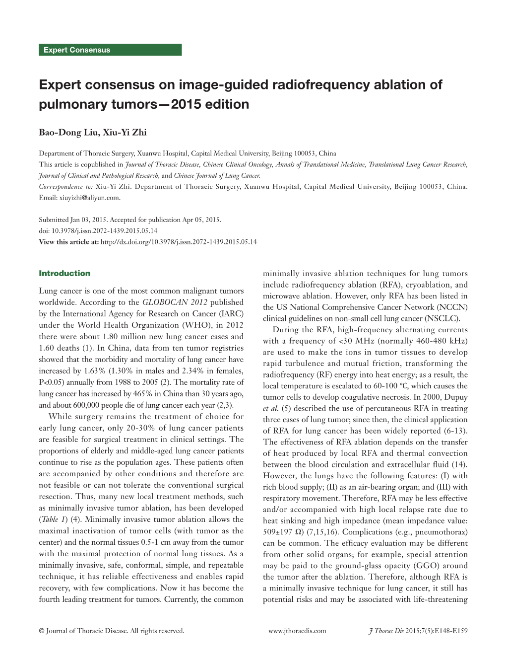 Expert Consensus on Image-Guided Radiofrequency Ablation of Pulmonary Tumors—2015 Edition