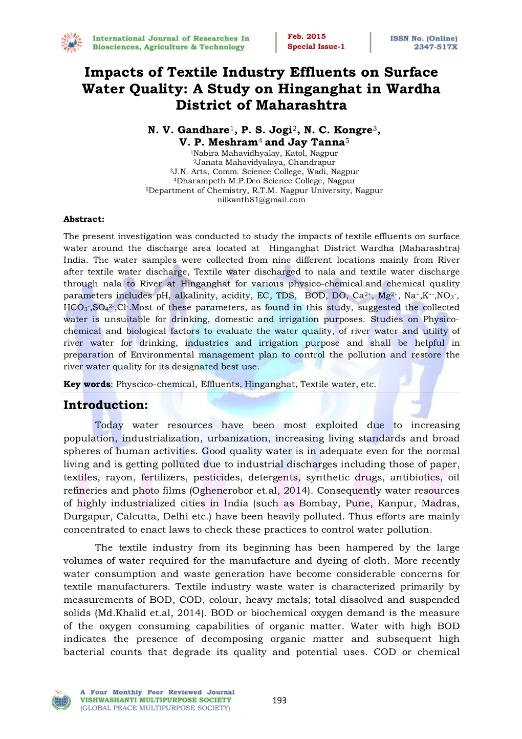 Impacts of Textile Industry Effluents on Surface Water Quality: a Study on Hinganghat in Wardha District of Maharashtra