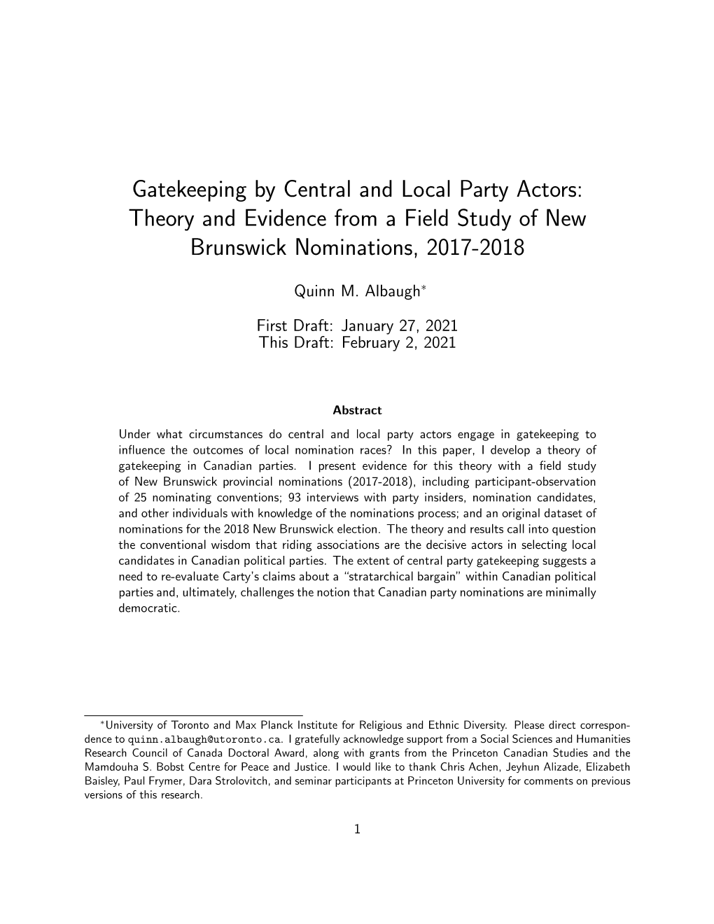 Gatekeeping by Central and Local Party Actors: Theory and Evidence from a Field Study of New Brunswick Nominations, 2017-2018