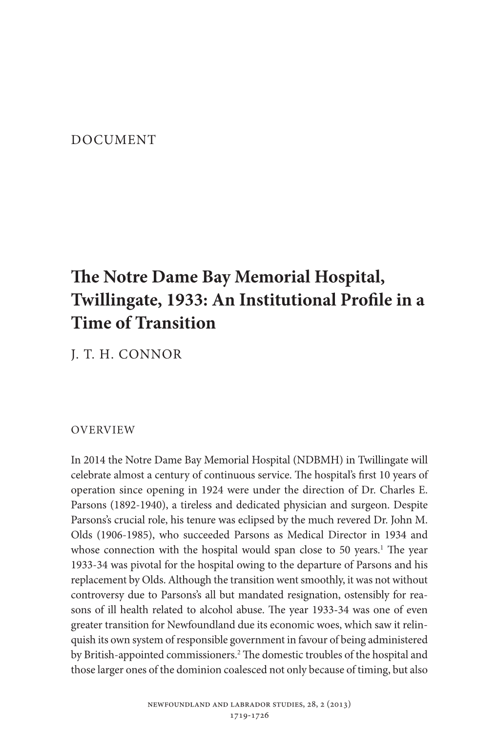 The Notre Dame Bay Memorial Hospital, Twillingate, 1933: an Institutional Profile in a Time of Transition