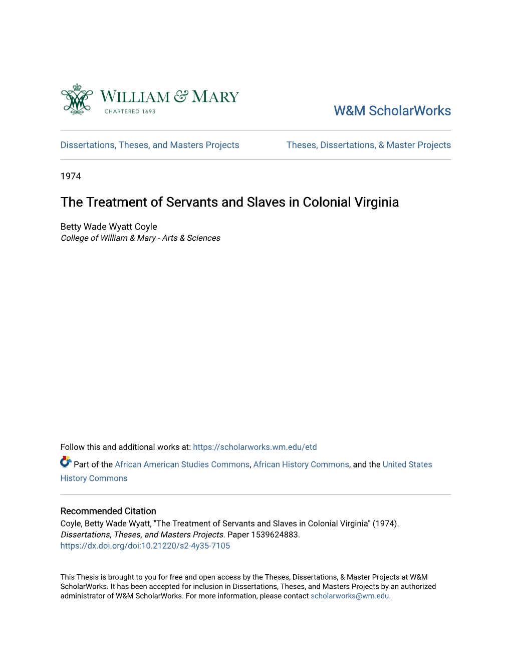 The Treatment of Servants and Slaves in Colonial Virginia