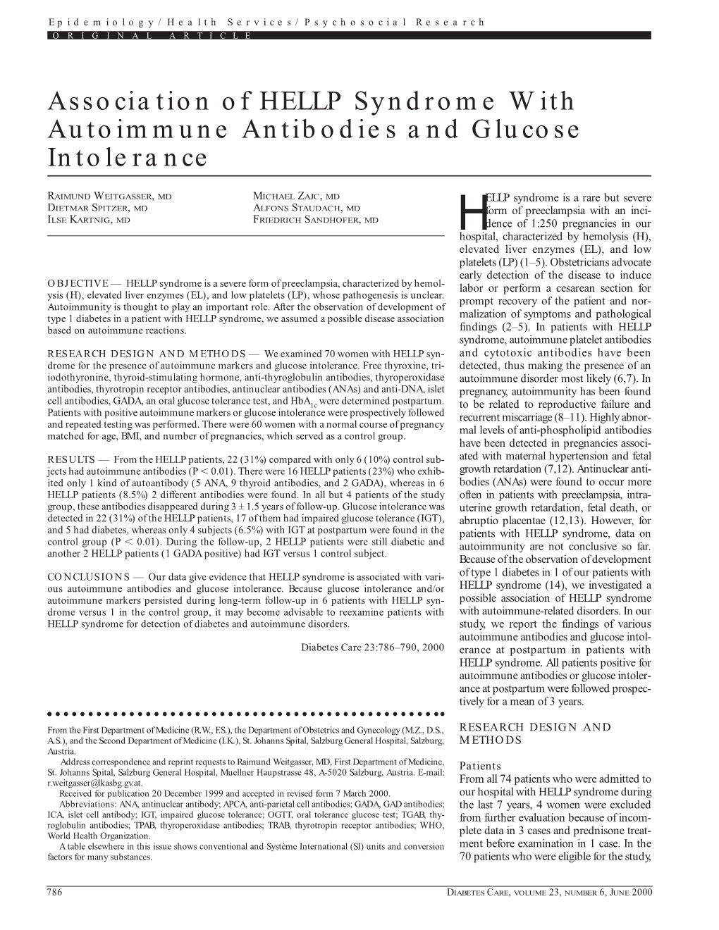 Association of HELLP Syndrome with Autoimmune Antibodies and Glucose Intolerance