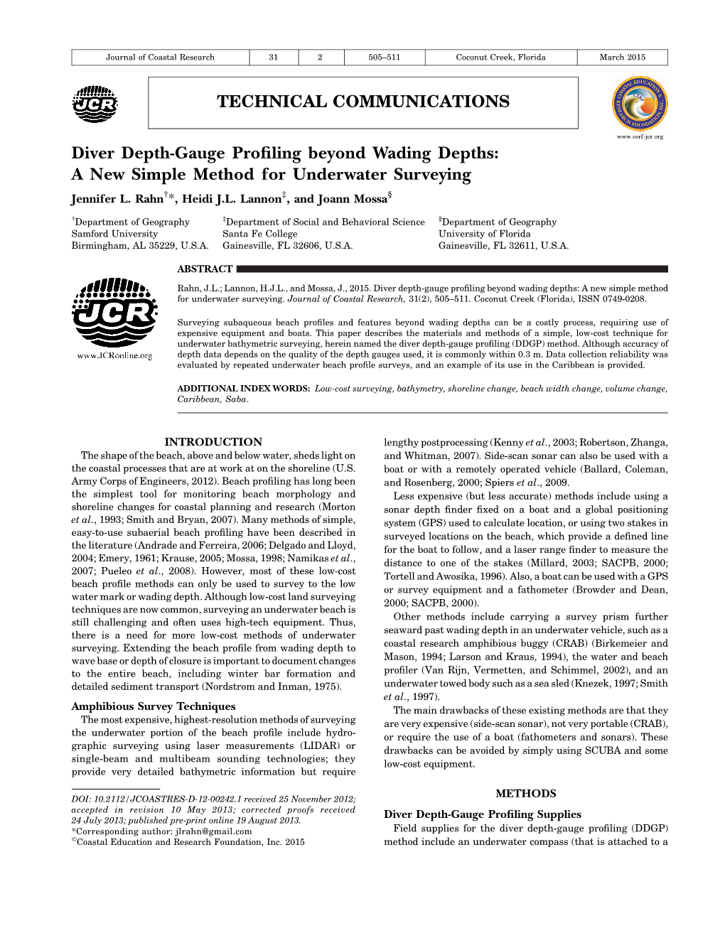 Diver Depth-Gauge Profiling Beyond Wading Depths: a New Simple Method for Underwater Surveying