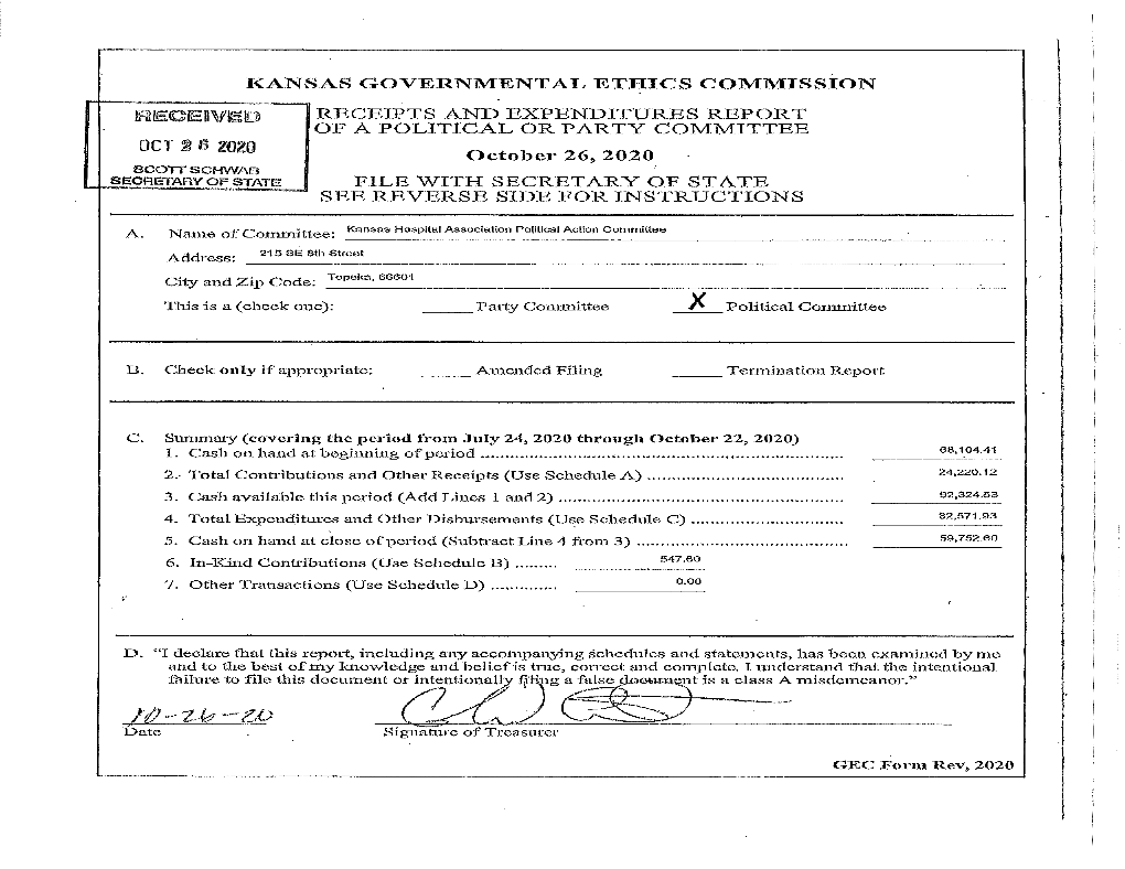 OCT 8 6 October 26, 2020 SCOTT SCHWAB Segfibtary of STATE FILE with SECRETARY of STATE SEE REVERSE SIDB for INSTRUCTIONS