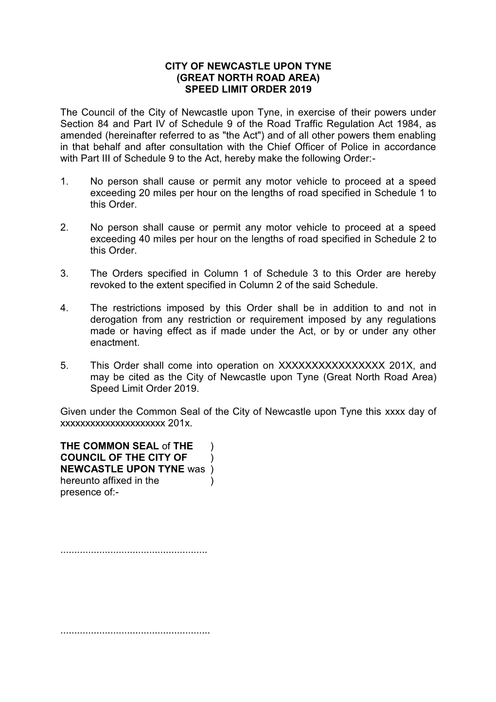 City of Newcastle Upon Tyne (Great North Road Area) Speed Limit Order 2019