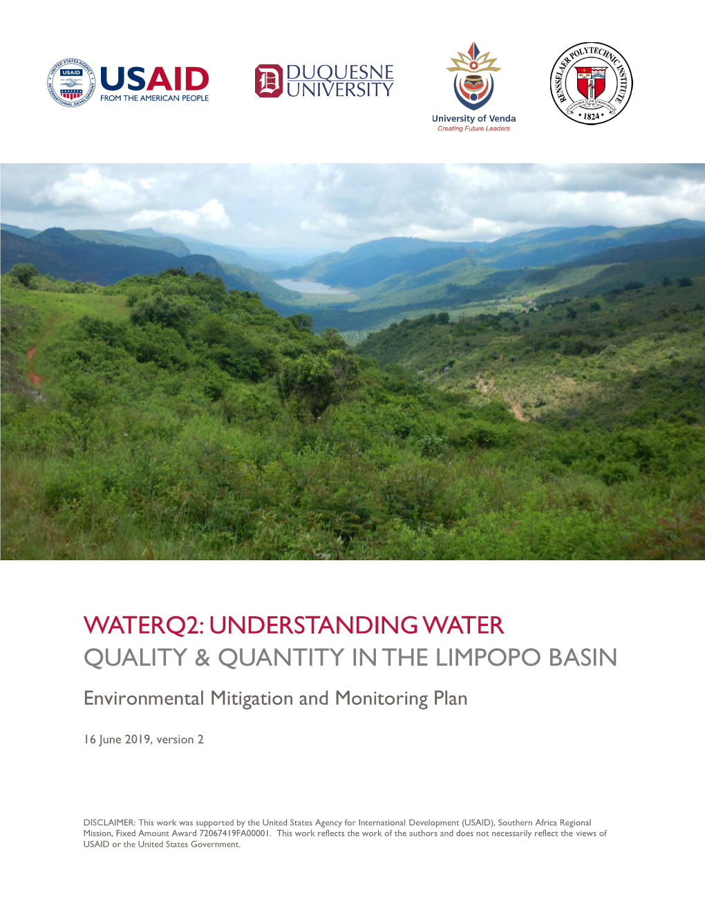 WATERQ2: UNDERSTANDING WATER QUALITY & QUANTITY in the LIMPOPO BASIN Environmental Mitigation and Monitoring Plan