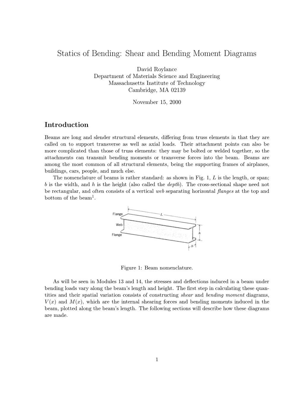 Statics of Bending: Shear and Bending Moment Diagrams