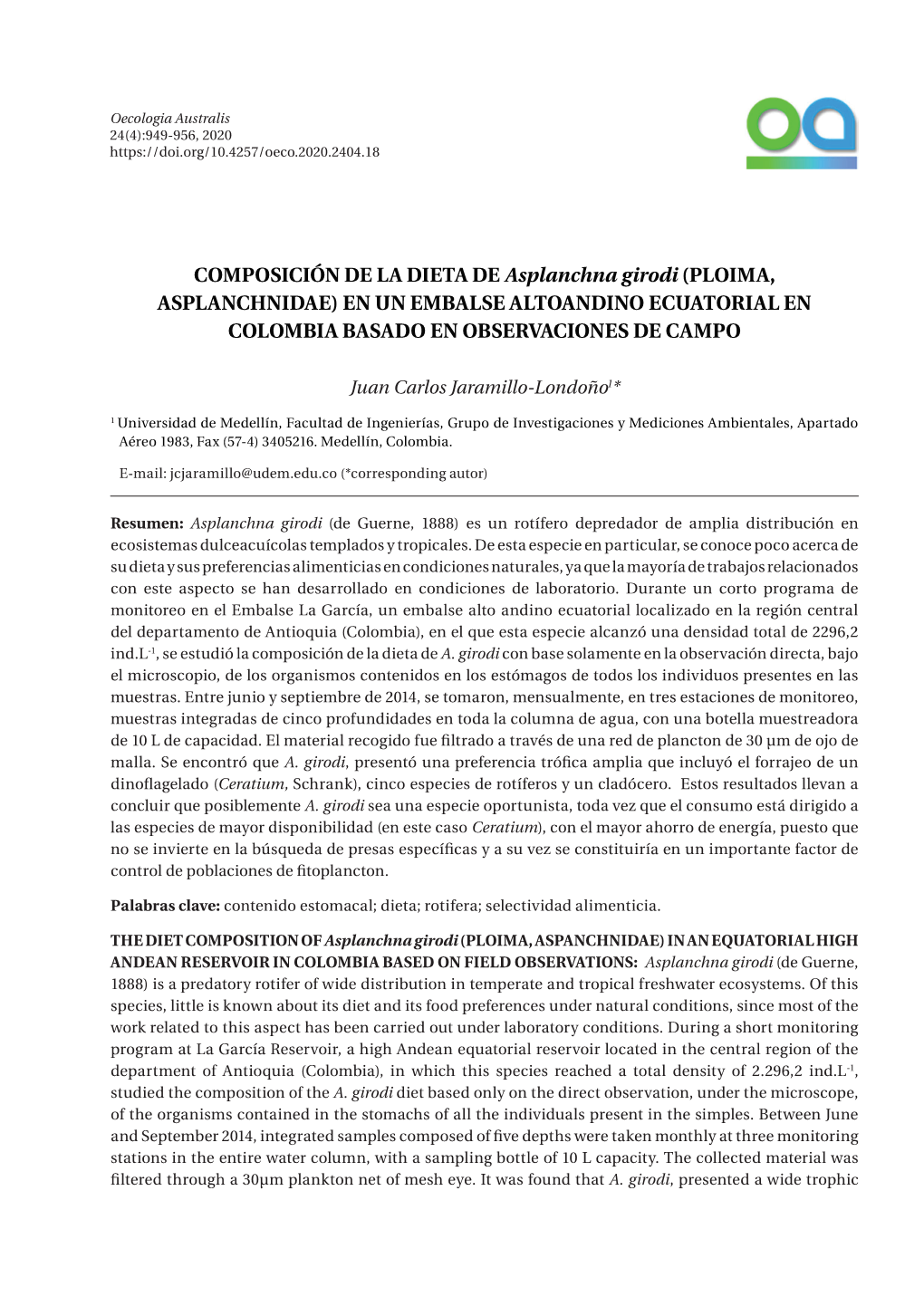 COMPOSICIÓN DE LA DIETA DE Asplanchna Girodi (PLOIMA, ASPLANCHNIDAE) EN UN EMBALSE ALTOANDINO ECUATORIAL EN COLOMBIA BASADO EN OBSERVACIONES DE CAMPO