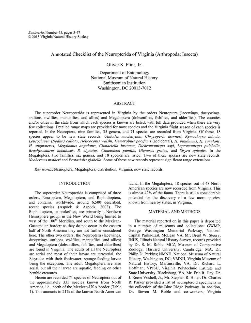 Annotated Checklist of the Neuropterida of Virginia (Arthropoda: Insecta)