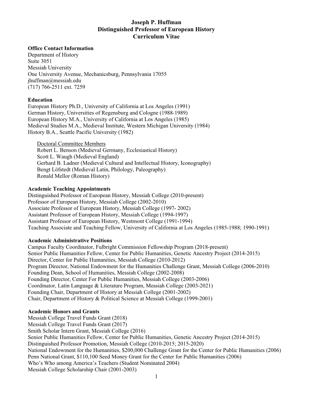 Updated Curriculum Vitae of Joseph P. Huffman