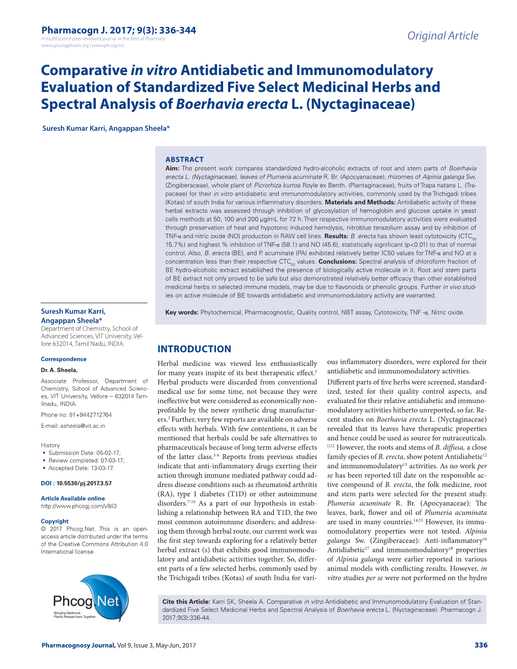 Comparative in Vitro Antidiabetic and Immunomodulatory Evaluation of Standardized Five Select Medicinal Herbs and Spectral Analysis of Boerhavia Erecta L