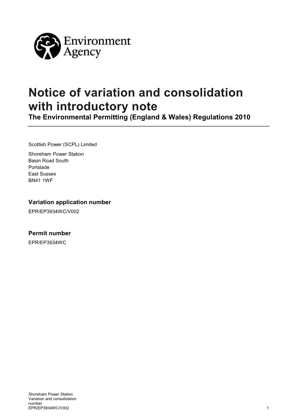 Shoreham Power Station Permit Number EPR/EP3934WC