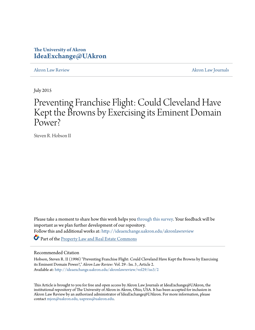 Could Cleveland Have Kept the Browns by Exercising Its Eminent Domain Power? Steven R