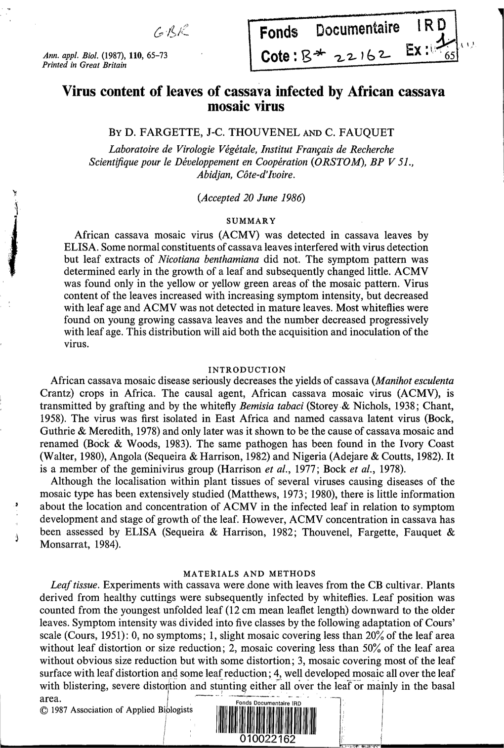 Virus Content of Leaves of Cassava Infected by African Cassava Mosaic Virus