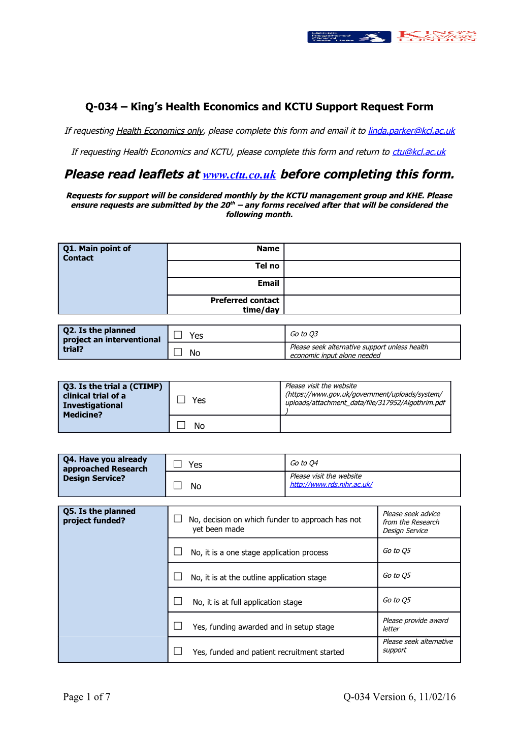 Q-034 King S Health Economics and KCTU Support Request Form