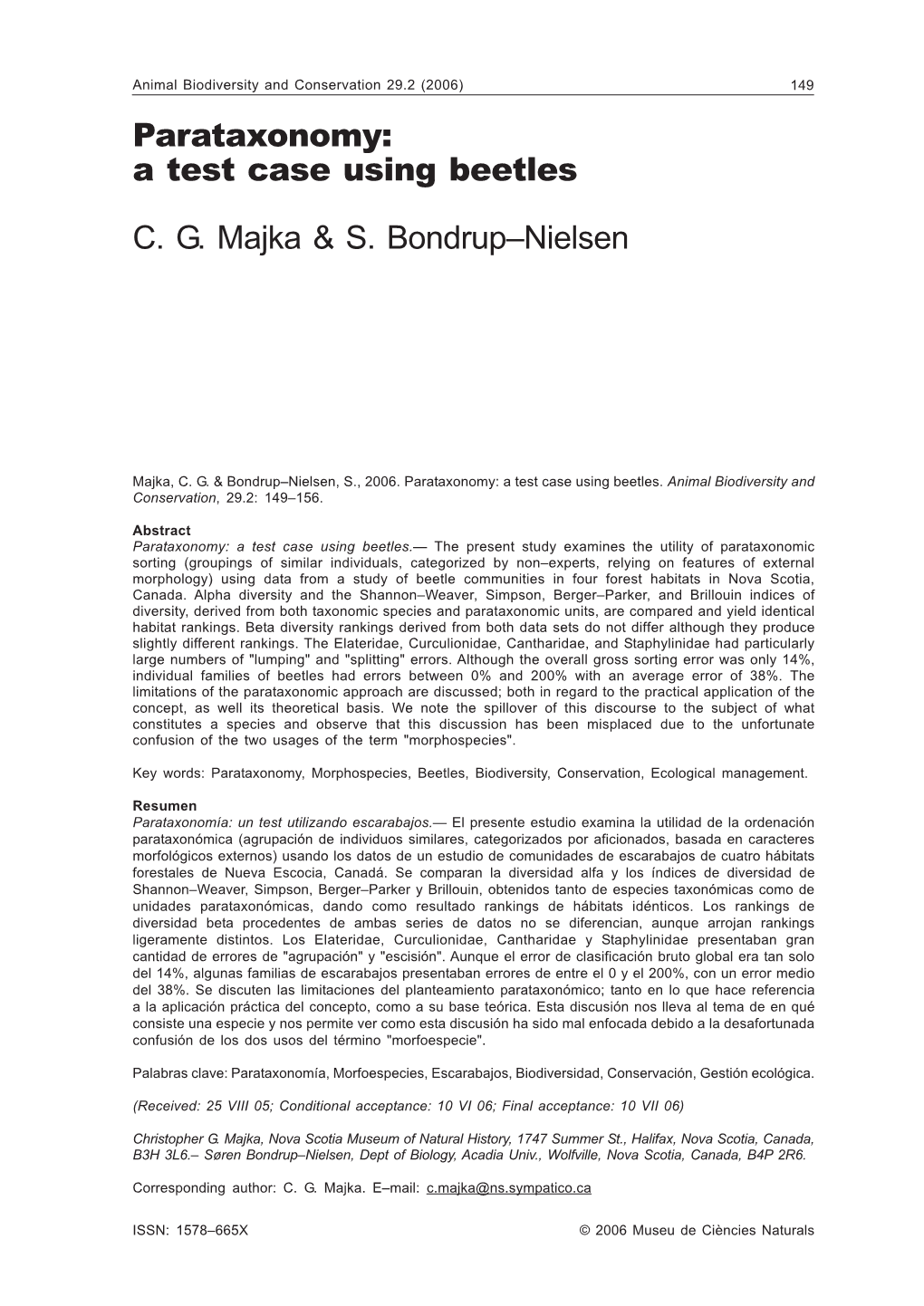 Parataxonomy: a Test Case Using Beetles C. G. Majka & S. Bondrup